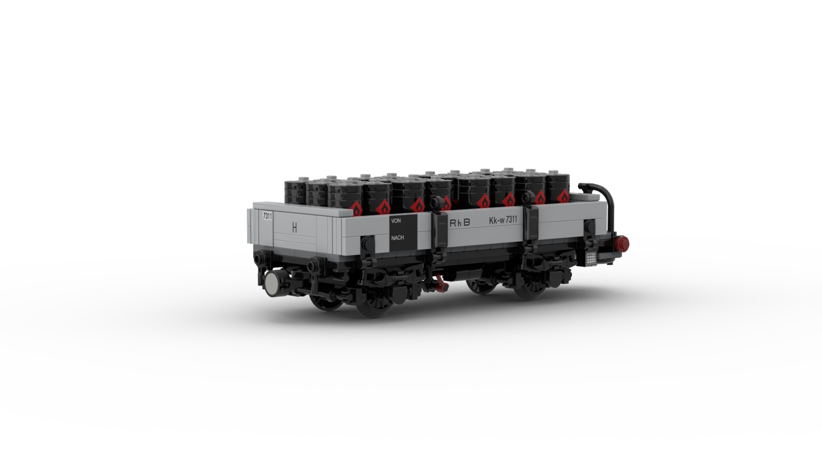 DL403-3 LEGO® MOC | RhB Kk-w 7311 - 7313 | LOW SIDE FLAT WAGON | OIL DRUMS